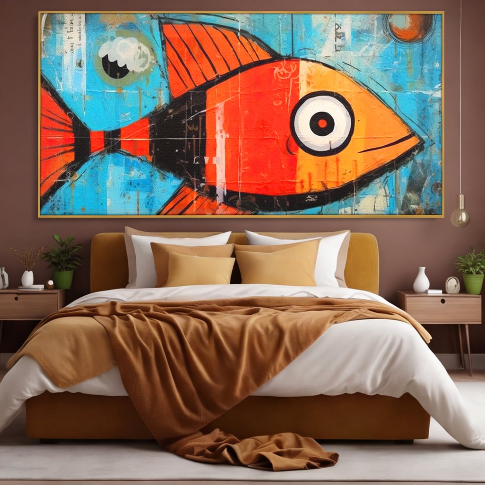 Tablou canvas cu tablou canvas cu peste stilizat in stil pop art, in rama de aluminiu auriu, pe perete intr-un dormitor